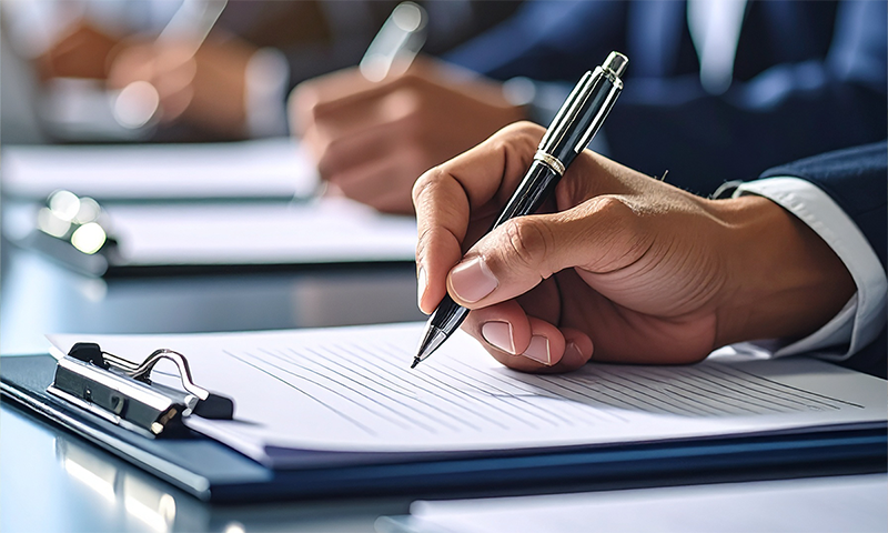 契約書を作成するビジネスマンの手元